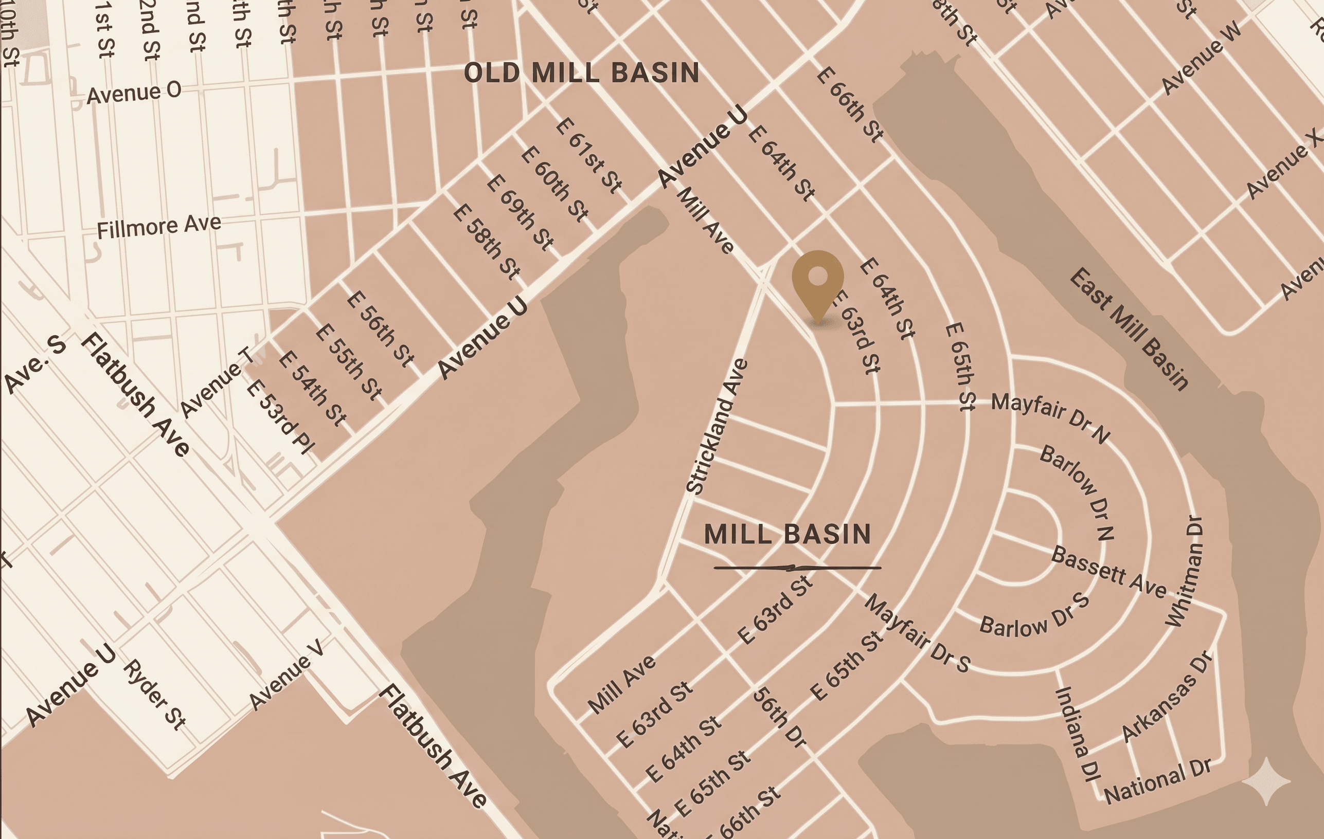 A warm-toned map of Mill Basin, Brooklyn, marking the house east of Strickland Avenue.
